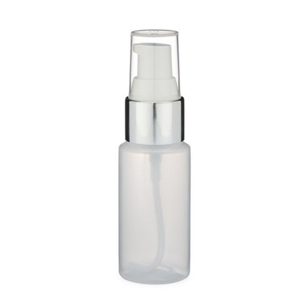1 oz Natural LDPE Plastic Cylinder Round Bottle & Silver Treatment Pump