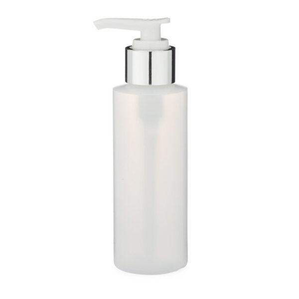 4 oz Natural HDPE Plastic Cylinder Round Bottle & Silver Lotion Pump